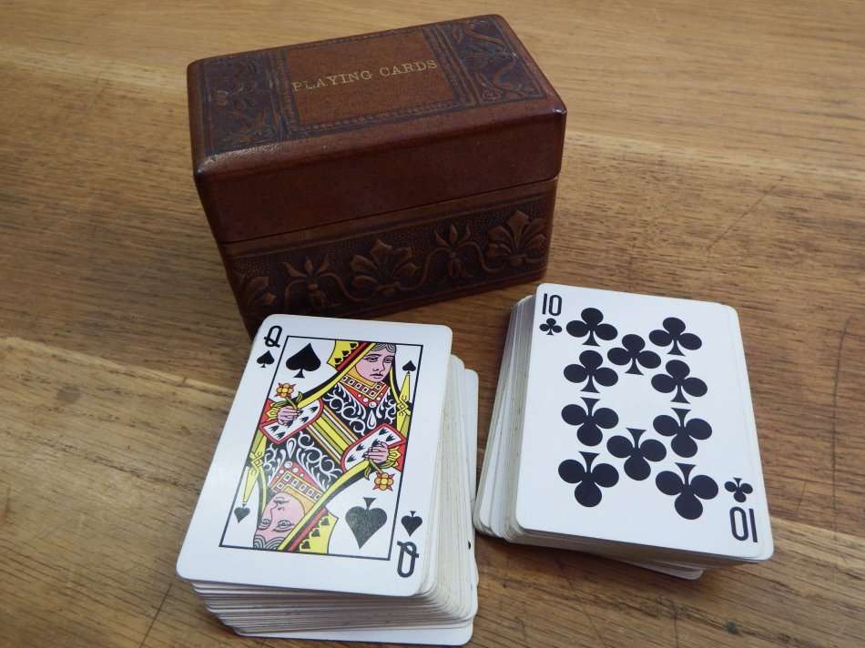 Poker & Card Games Two deck of cards in leather clad wooden box was